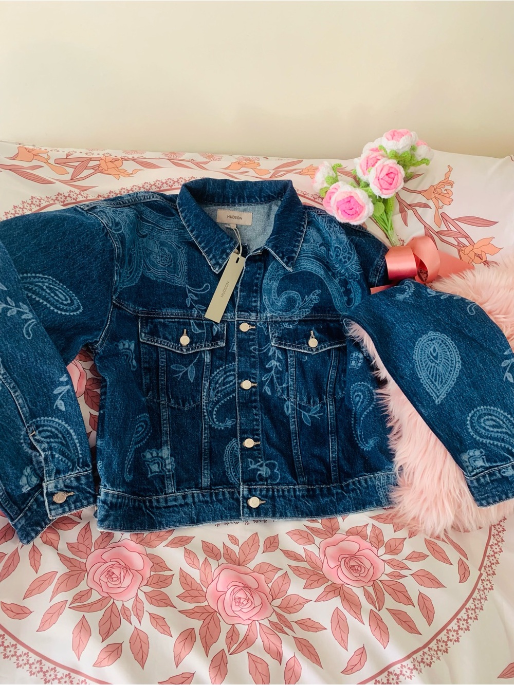 Hudson Brea Swing Trucker Denim Jacket Size Large Laser Paisley Boho NWT